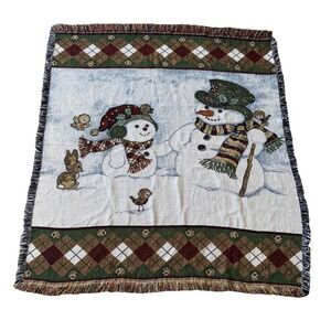 Christmas Winter Woven Tapestry Throw Snowman Fringe Woodland Creatures 52X47 In